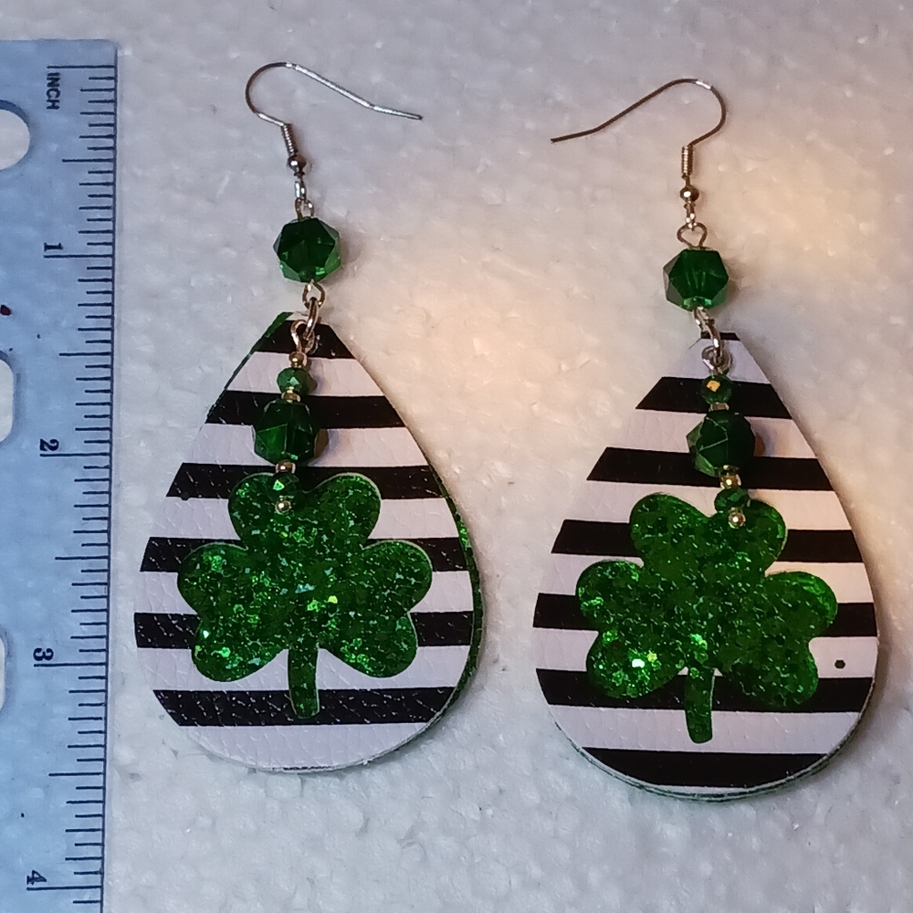 New, St. Patrick's day Earrings vinyl teardrop printed vinyl crystal embellished